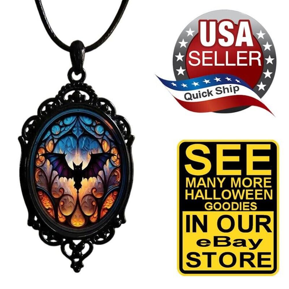 Gothic Halloween Retro Style Bat Design Pendant Necklace • Orange Black & Blue